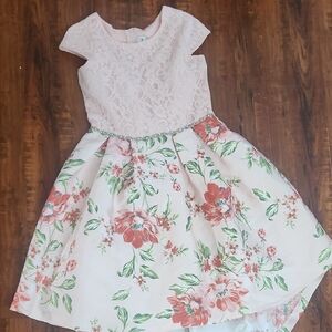 Rare Editions Pink Lace Bodice Floral Skirt Dress with Rhinestone Waist